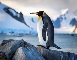 Fototapeta premium majestic king penguin perched on a rock looking towards the snowy antarctic mountains