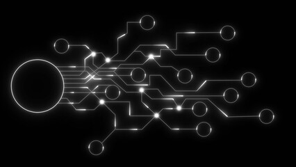 Glowing white circuit board lines and circles on black background technology digital