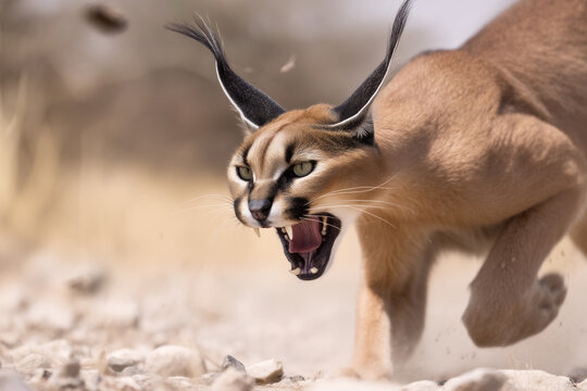 Fototapeta Caracal agressif qui montre les crocs
