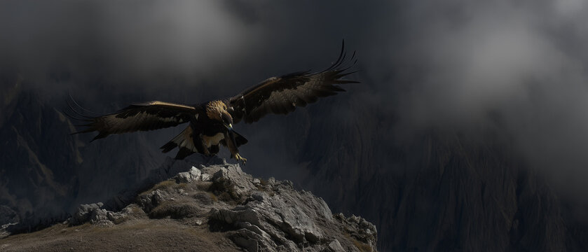 Fototapeta Aigle royal en piqué au-dessus d’une crête alpine