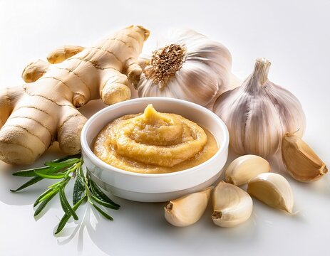 detailed view of raw ginger garlic bulbs and their aromatic paste arranged on white