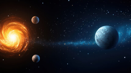 Galaxy planet star space universe cosmic astronomy nebula orbit glowing vibrant galaxy with glowing orange spiral arms icy blue planet and two smaller planets cosmic scene evoking wonder