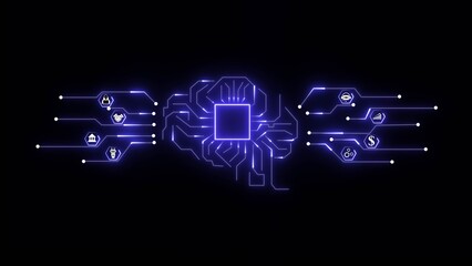 Glowing blue circuit board brain with business icons on black background artificial intelligence technology