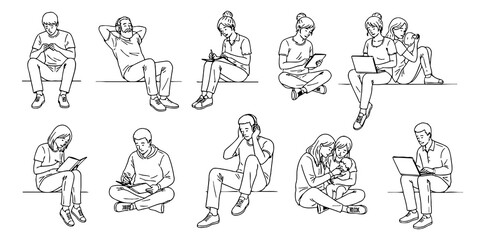 Line Art Illustration of People Sitting and Relaxing with Different Activities
