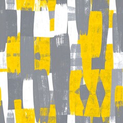 Abstract paint strokes in grey, white, and yellow create a textured pattern