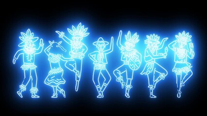 Neon silhouettes of diverse dancers in various costumes, illuminated with a vibrant blue glow against a dark backdrop, celebrating movement - Powered by Adobe