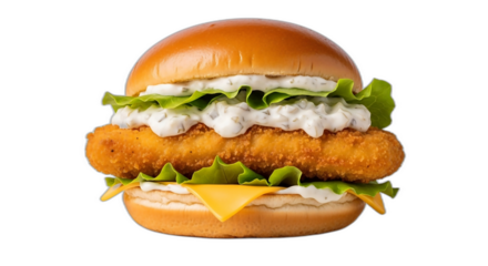 Close up of a fish burger with lettuce and sauce