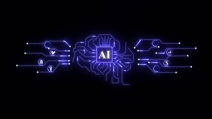 Glowing blue AI brain circuit with business icons on black background artificial intelligence technology