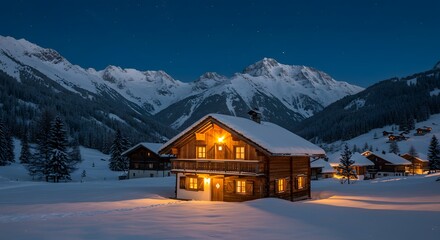 Fototapeta premium Snowy mountain chalet at night