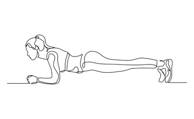 Continuous line of sporty woman push up work out. Single line drawing editable stroke vector illustration of gym fitness and healthy life style