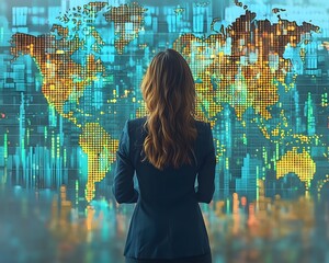 A woman in a suit observes a glowing digital world map displaying financial data and charts