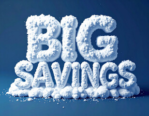 A snowy BIG SAVINGS message against a gradient blue background