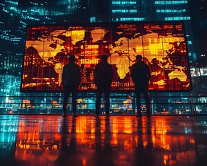 Three silhouetted figures observe a glowing digital world map display in a futuristic high tech environment with city lights reflected below