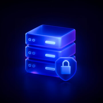 3D Render of Glowing Secure Server Stack with Padlock Shield in Futuristic Neon Style on Dark Background
