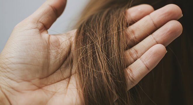 Hand holding a dry, damaged strand of hair, Hair problems: split ends and dryness.