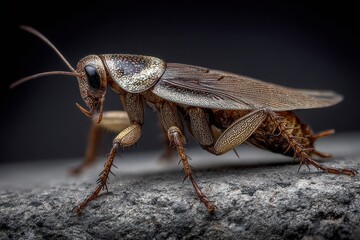 Close-up of a brown cricket perched on a textured surface with a blurred dark background