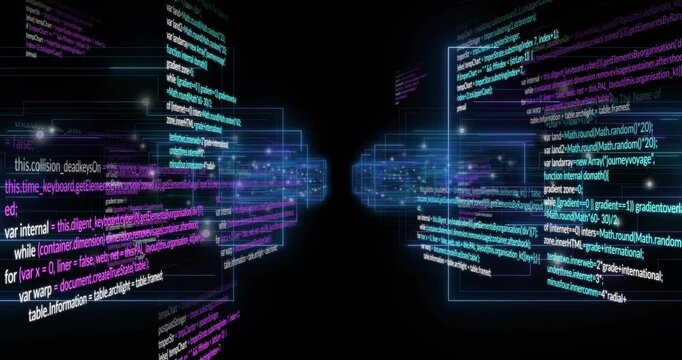 Twin code clusters emerging from void drifting inward while rotating to form infinite data tunnel