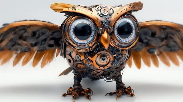 Steampunk owl sculpture with intricate metal gears