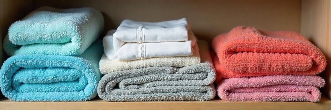 Freshly laundered and folded clothes neatly stacked on a shelf, ready for the week ahead A concept of organized, clean laundry and effortless grooming , lifestyle, wardrobe