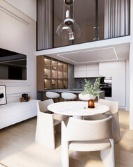 Living room interior with TV, bright kitchen in the background, dining table and chairs and mezzanine. Two-story living room, second light. 3D rendering.
