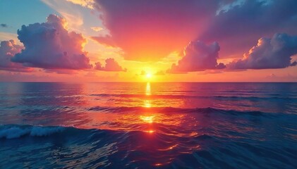 Spectacular oceanic sunset over calm water, vibrant colors painting the sky and reflecting on the waves A breathtaking scene of nature's beauty at its finest , sunset, rays