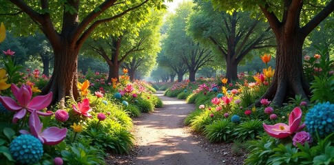 Enchanted woodland path meanders through a vibrant art installation of colorful sculptures and natural elements Discover the magic where nature and art intertwine , design, imagination