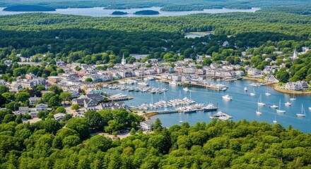 Panoramic aerial view of a New England town nestled beside a harbor, surrounded by lush green forests