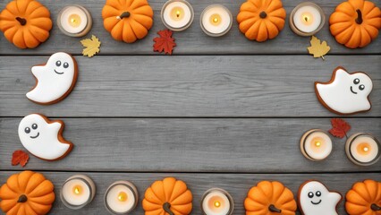 Halloween background. Halloween flatlay with mini pumpkins, ghost cookies, lit tealight candles and autumn leaves arranged on a rustic wooden background.