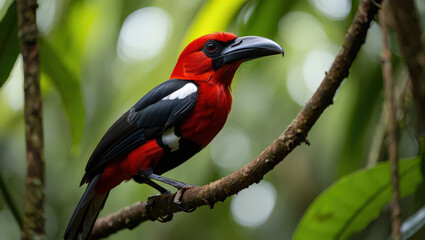 Fototapeta premium Crimson Beauty A Scarlet-Headed Bird Perched on a Branch in Lush Greenery A Vibrant Display of Nature's Palette in a Tropical Forest Setting A Captivating Wildlife Scene