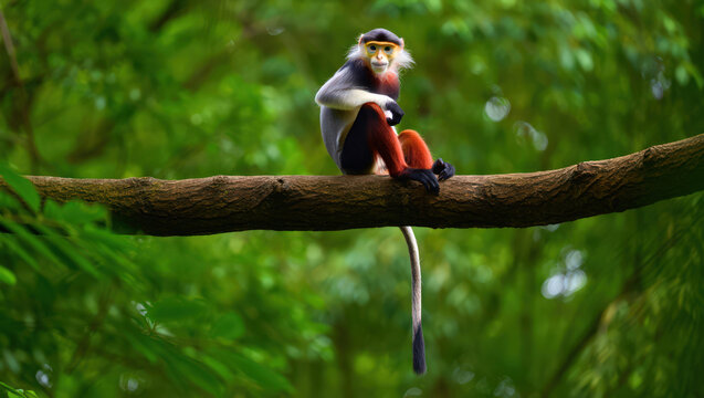 Red-Shanked Douc Langur Perched on a Branch A Striking Monkey with Vibrant Colors in a Lush Green Forest A Captivating Primate Portrait in its Natural Setting
