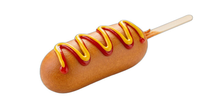 A corn dog with mustard and ketchup on black ground - Powered by Adobe