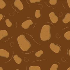 Potato seamless pattern. Raw vegetable. Background with stylized potatoes. Natural browns. Vegetarian product. Vegan menu. Hand drawn colorful flat stock illustration. Vector design.