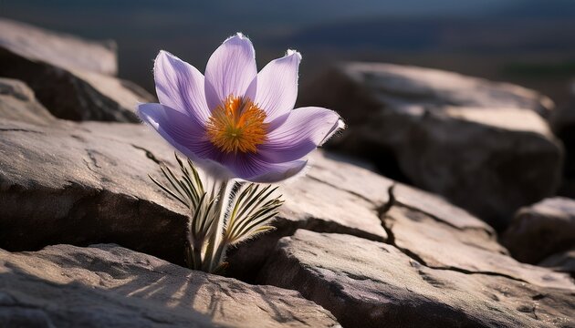 single pasque flower growing between cracks in a rock symbolizing resilience and beauty in the face of adversity - Powered by Adobe