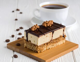 Mocha cake slice with coffee