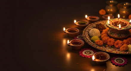 Ritual decorated thali with diyas prepared for a traditional diwali puja ceremony