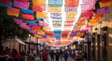 Fototapeta premium Colorful papel picado hanging in street fluttering during vibrant dia de los muertos celebrations