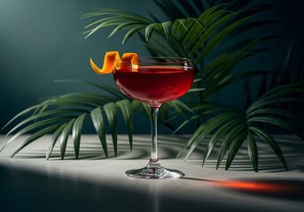 Elegant red cocktail garnished with orange peel amidst tropical leaves