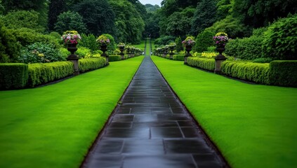 Obraz premium A lush green garden path lined with meticulously manicured hedges and ornate flower urns leads to a distant point, creating a serene and symmetrical scene