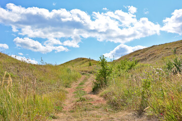 Dirt path winds through rolling hills under a bright blue sky with fluffy clouds