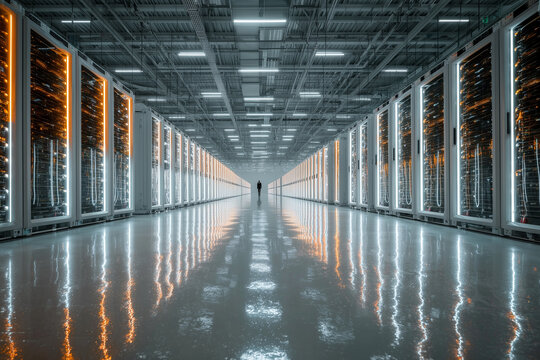 A long, modern, and empty data center hallway with rows of server racks. This concept visualizes the scale of cloud computing, network infrastructure, and the backbone of the internet.