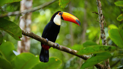 Fototapeta premium Striking Toucan Perched on a Branch in the Rainforest A Vibrant Display of Avian Beauty and Tropical Wildlife Amidst Lush Green Foliage and Natural Splendor