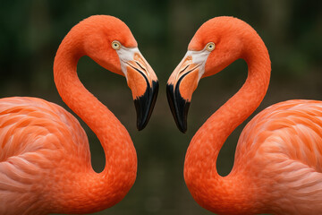 Obraz premium A Stunning Display of Two Majestic Flamingos Sharing a Heartfelt Moment, Showcasing Their Vibrant Colors and Graceful Forms in Perfect Harmony