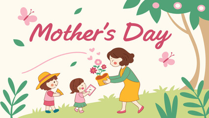 Happy Mother's Day: Children Gift Flowers to Mom in a Sweet, Illustrated Scene