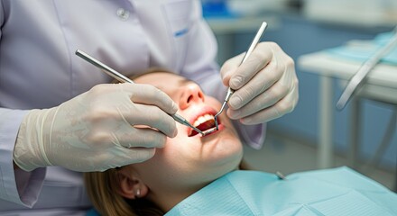 Patient Receiving Dental Exam by Dentist in Clinic with Bright Light