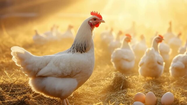 Hens enjoying golden sunlight on traditional free range poultry farm