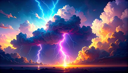 Epic storm clouds, vibrant lightning, sunrise