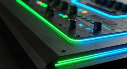 Fototapeta premium Closeup of a black mixing board with green and blue neon lights illuminating the edges and knobs