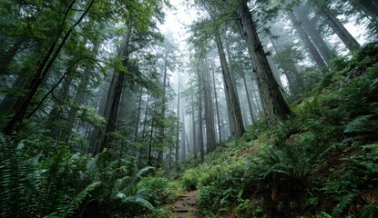 Lush forest path in misty light