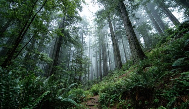 Lush forest path in misty light