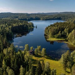 Obraz premium Aerial view of a serene lake surrounded by dense forest